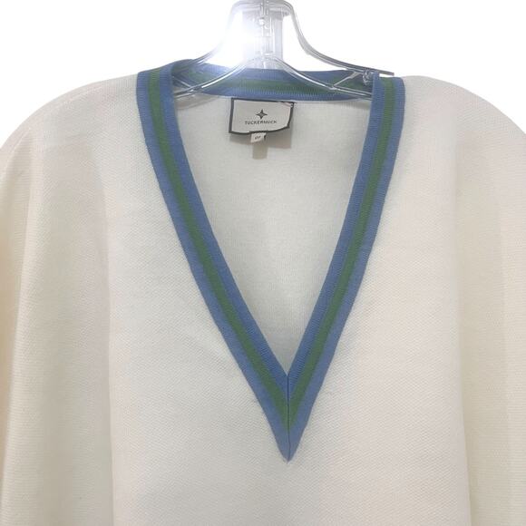 Tuckernuck Women's Camden V-Neck Soft Sweater Poncho Ivory/Blue OS $128 - Picture 7 of 13